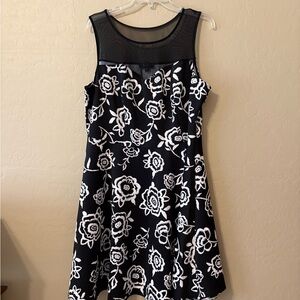 Trixxi Black Dress with White Floral Embroidery and Mesh Yoke